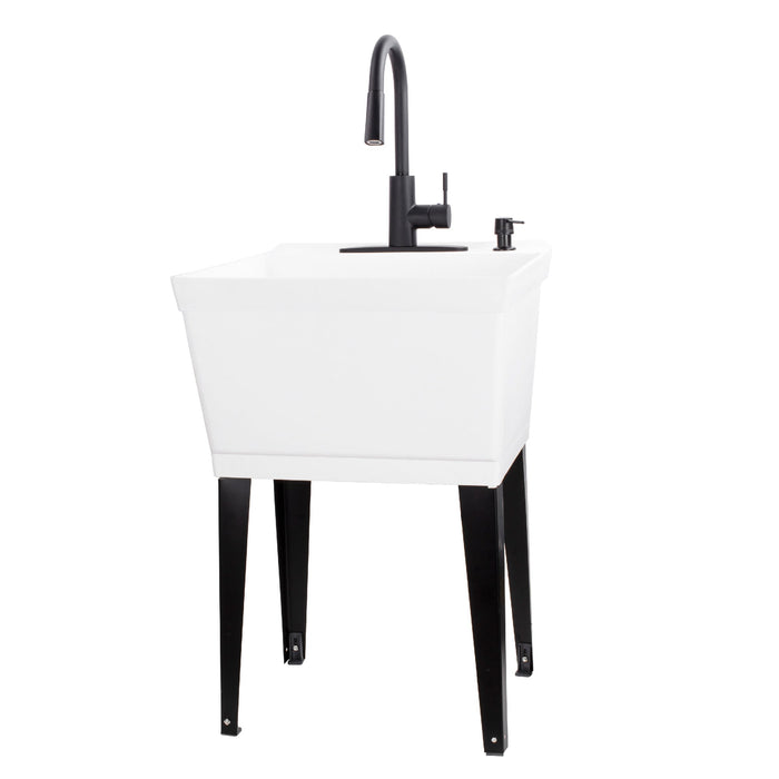 Tehila Standard Freestanding White Utility Sink with Black Finish High-Arc Pull-Down Faucet and Soap Dispenser - Sweatfully