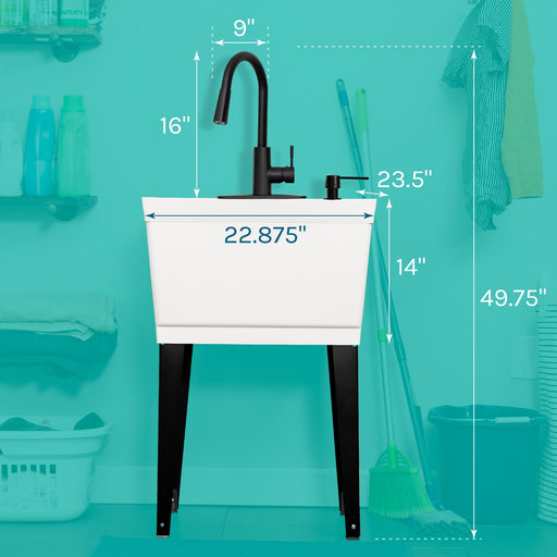 Tehila Standard Freestanding White Utility Sink with Black Finish High-Arc Pull-Down Faucet and Soap Dispenser - Sweatfully
