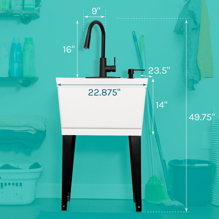 Tehila Standard Freestanding White Utility Sink with Black Finish High-Arc Pull-Down Faucet and Soap Dispenser - Sweatfully