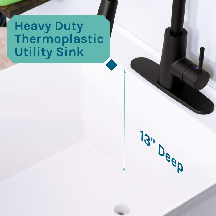 Tehila Standard Freestanding White Utility Sink with Black Finish High-Arc Pull-Down Faucet and Soap Dispenser - Sweatfully