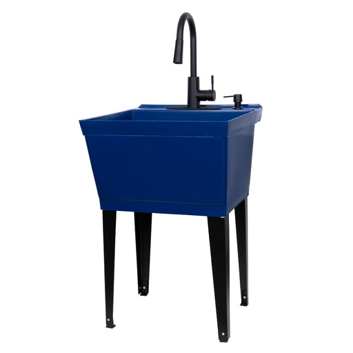 Tehila Standard Freestanding Blue Utility Sink with Black Finish High-Arc Pull-Down Faucet and Soap Dispenser - Sweatfully