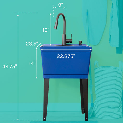 Tehila Standard Freestanding Blue Utility Sink with Black Finish High-Arc Pull-Down Faucet and Soap Dispenser - Sweatfully