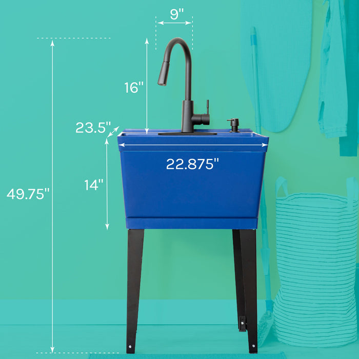 Tehila Standard Freestanding Blue Utility Sink with Black Finish High-Arc Pull-Down Faucet and Soap Dispenser - Sweatfully