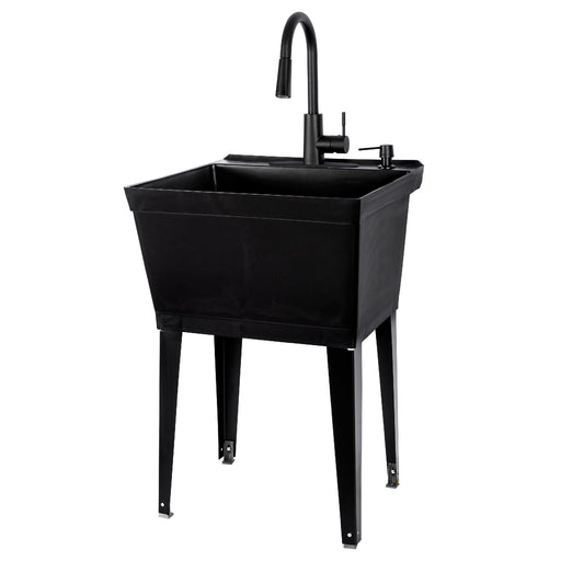 Tehila Standard Freestanding Black Utility Sink with Black Finish High-Arc Pull-Down Faucet and Soap Dispenser - Sweatfully