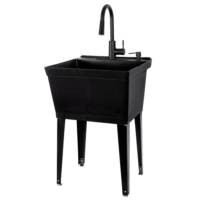 Tehila Standard Freestanding Black Utility Sink with Black Finish High-Arc Pull-Down Faucet and Soap Dispenser - Sweatfully