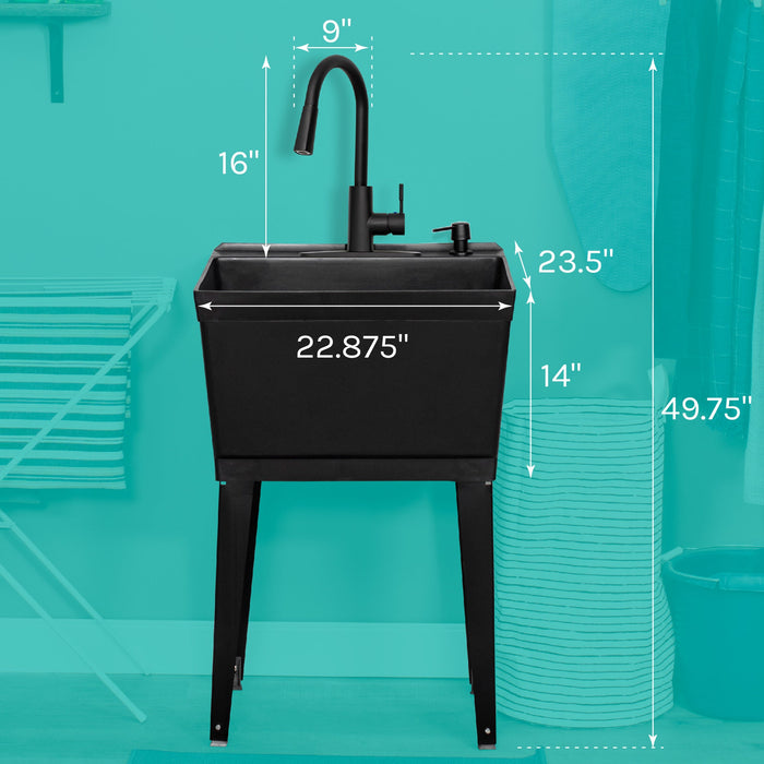 Tehila Standard Freestanding Black Utility Sink with Black Finish High-Arc Pull-Down Faucet and Soap Dispenser - Sweatfully