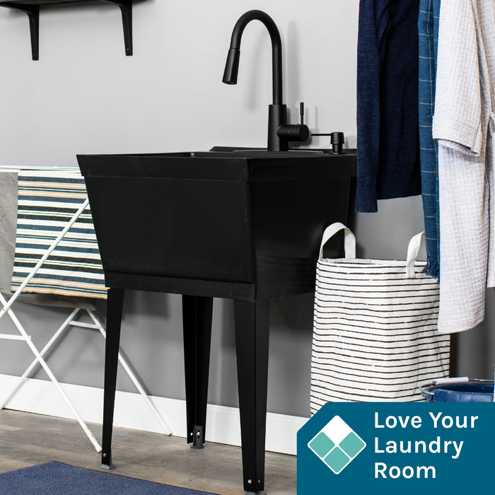 Tehila Standard Freestanding Black Utility Sink with Black Finish High-Arc Pull-Down Faucet and Soap Dispenser - Sweatfully