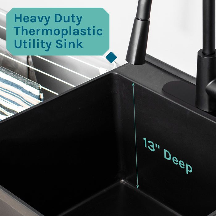 Tehila Standard Freestanding Black Utility Sink with Black Finish High-Arc Pull-Down Faucet and Soap Dispenser - Sweatfully