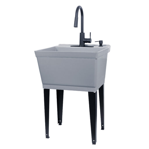 Tehila Standard Freestanding Grey Utility Sink with Black Finish High-Arc Pull-Down Faucet and Soap Dispenser - Sweatfully