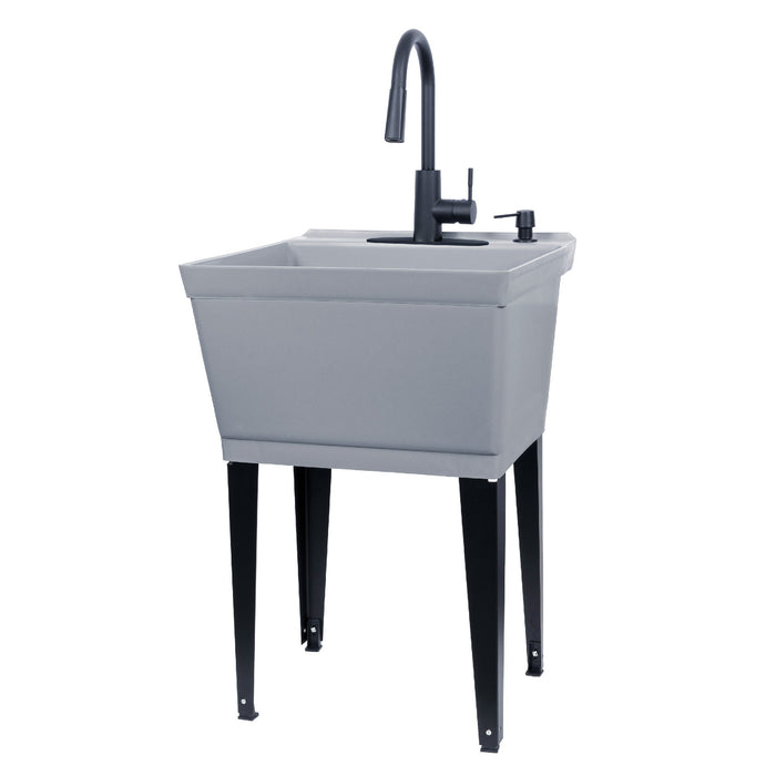 Tehila Standard Freestanding Grey Utility Sink with Black Finish High-Arc Pull-Down Faucet and Soap Dispenser - Sweatfully