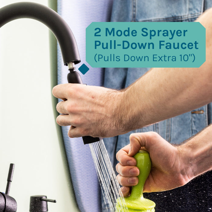 Tehila Standard Freestanding Grey Utility Sink with Black Finish High-Arc Pull-Down Faucet and Soap Dispenser - Sweatfully