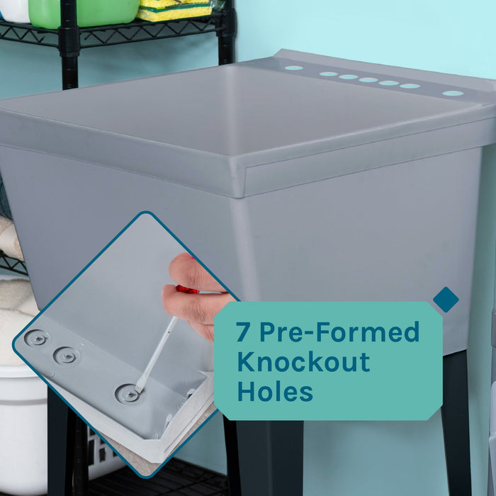 Tehila Standard Freestanding Grey Utility Sink with Black Finish High-Arc Pull-Down Faucet and Soap Dispenser - Sweatfully