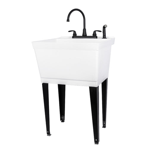Tehila Standard Freestanding White Utility Sink with Black Legs and Black Finish Wide-set Gooseneck Faucet with Side Sprayer - Sweatfully