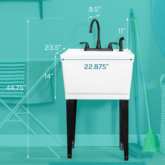 Tehila Standard Freestanding White Utility Sink with Black Legs and Black Finish Wide-set Gooseneck Faucet with Side Sprayer - Sweatfully
