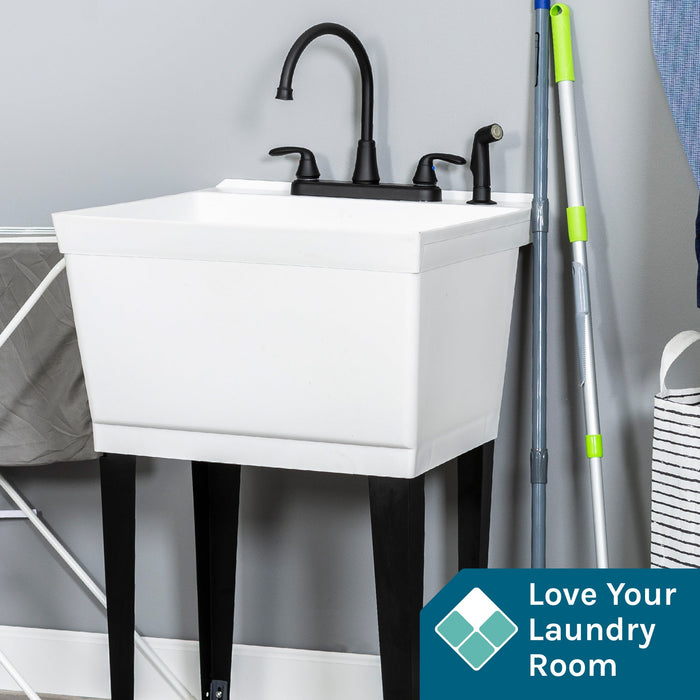 Tehila Standard Freestanding White Utility Sink with Black Legs and Black Finish Wide-set Gooseneck Faucet with Side Sprayer - Sweatfully