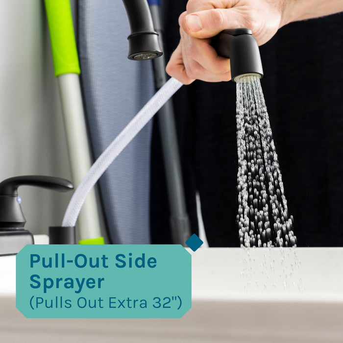 Tehila Standard Freestanding White Utility Sink with Black Legs and Black Finish Wide-set Gooseneck Faucet with Side Sprayer - Sweatfully