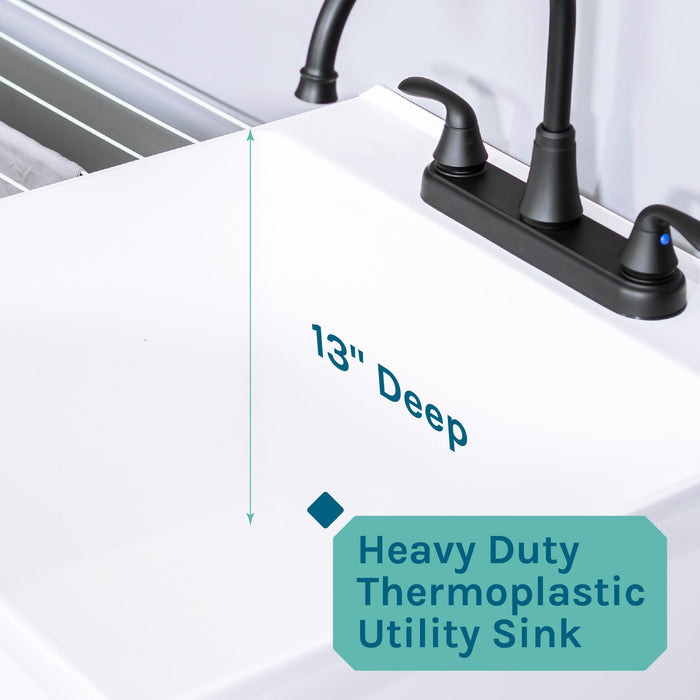 Tehila Standard Freestanding White Utility Sink with Black Legs and Black Finish Wide-set Gooseneck Faucet with Side Sprayer - Sweatfully