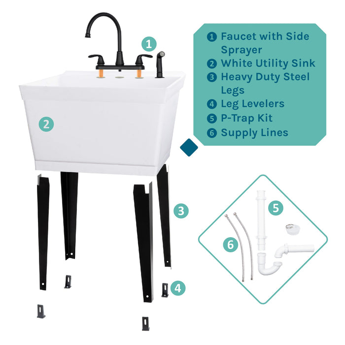 Tehila Standard Freestanding White Utility Sink with Black Legs and Black Finish Wide-set Gooseneck Faucet with Side Sprayer - Sweatfully