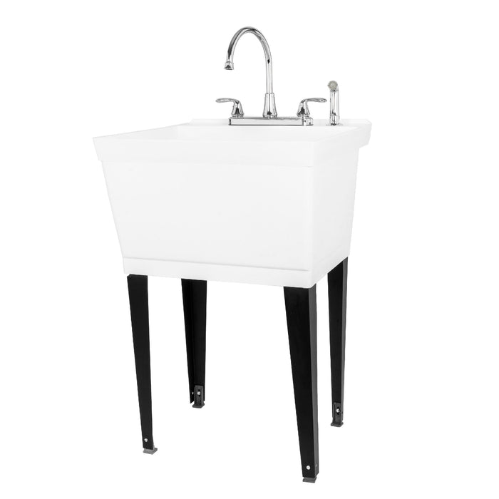 Tehila Standard Freestanding White Utility Sink with Black Legs and Chrome Finish Wide-set Gooseneck Faucet with Side Sprayer - Sweatfully