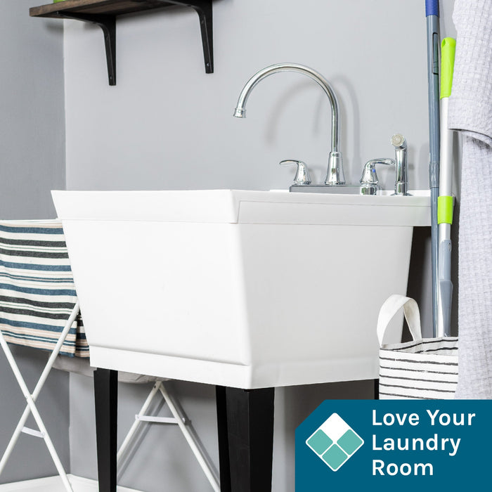 Tehila Standard Freestanding White Utility Sink with Black Legs and Chrome Finish Wide-set Gooseneck Faucet with Side Sprayer - Sweatfully