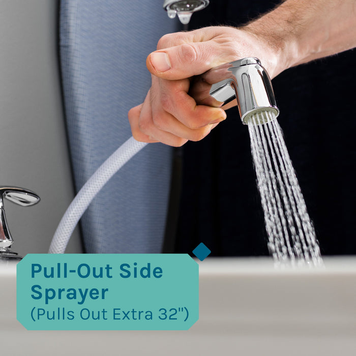 Tehila Standard Freestanding White Utility Sink with Black Legs and Chrome Finish Wide-set Gooseneck Faucet with Side Sprayer - Sweatfully