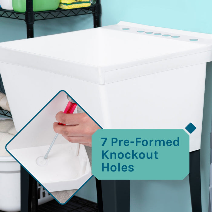 Tehila Standard Freestanding White Utility Sink with Black Legs and Chrome Finish Wide-set Gooseneck Faucet with Side Sprayer - Sweatfully