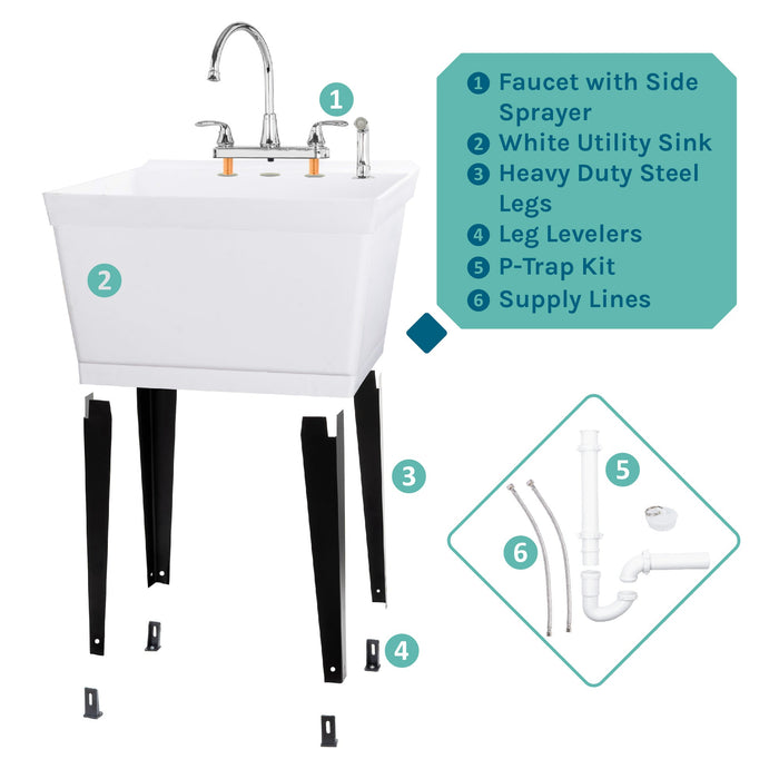 Tehila Standard Freestanding White Utility Sink with Black Legs and Chrome Finish Wide-set Gooseneck Faucet with Side Sprayer - Sweatfully
