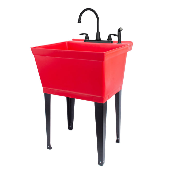 Tehila Standard Freestanding Red Utility Sink with Black Legs and Black Finish Wide-set Gooseneck Faucet with Side Sprayer - Sweatfully