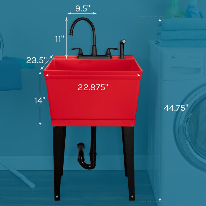 Tehila Standard Freestanding Red Utility Sink with Black Legs and Black Finish Wide-set Gooseneck Faucet with Side Sprayer - Sweatfully