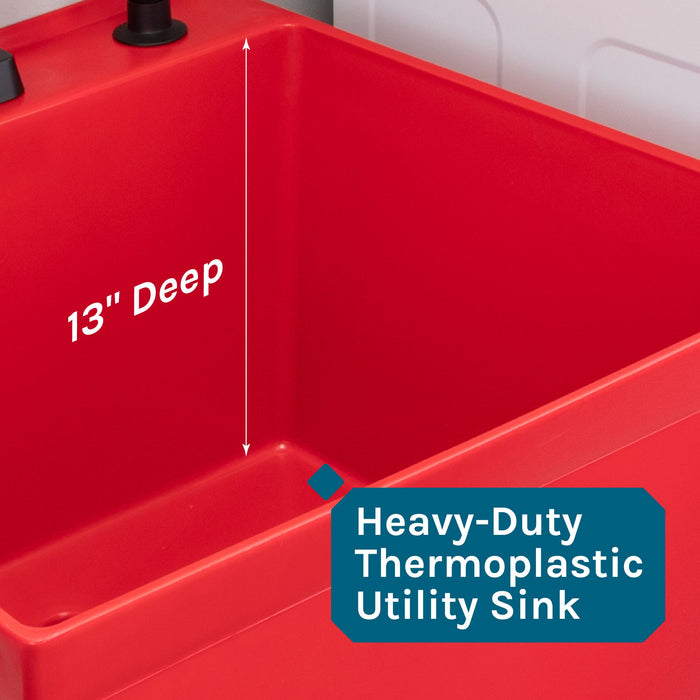 Tehila Standard Freestanding Red Utility Sink with Black Legs and Black Finish Wide-set Gooseneck Faucet with Side Sprayer - Sweatfully