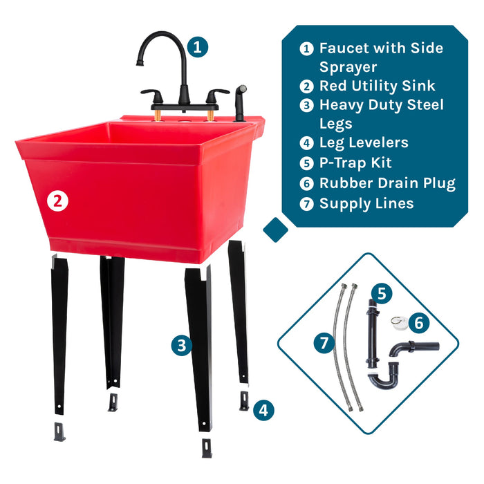 Tehila Standard Freestanding Red Utility Sink with Black Legs and Black Finish Wide-set Gooseneck Faucet with Side Sprayer - Sweatfully
