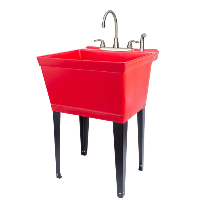 Tehila Standard Freestanding Red Utility Sink with Black Legs and Stainless Steel Finish Wide-set Gooseneck Faucet with Side Sprayer - Sweatfully