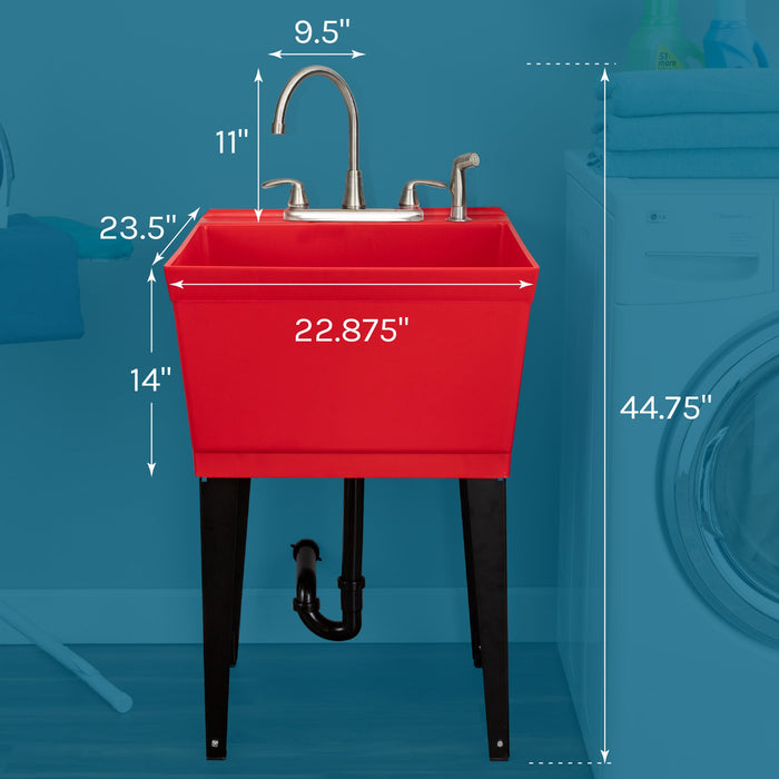 Tehila Standard Freestanding Red Utility Sink with Black Legs and Stainless Steel Finish Wide-set Gooseneck Faucet with Side Sprayer - Sweatfully