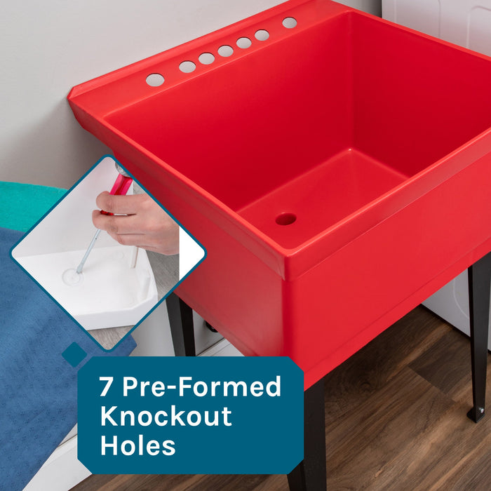Tehila Standard Freestanding Red Utility Sink with Black Legs and Stainless Steel Finish Wide-set Gooseneck Faucet with Side Sprayer - Sweatfully