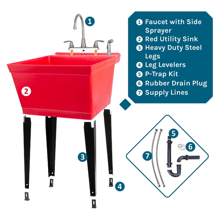 Tehila Standard Freestanding Red Utility Sink with Black Legs and Stainless Steel Finish Wide-set Gooseneck Faucet with Side Sprayer - Sweatfully