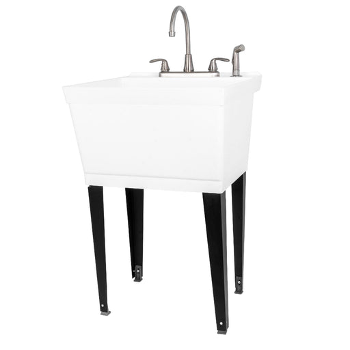 Tehila Standard Freestanding White Utility Sink with Black Legs and Stainless Steel Finish Wide-set Gooseneck Faucet with Side Sprayer - Sweatfully