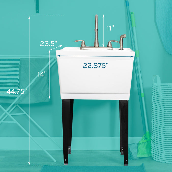 Tehila Standard Freestanding White Utility Sink with Black Legs and Stainless Steel Finish Wide-set Gooseneck Faucet with Side Sprayer - Sweatfully