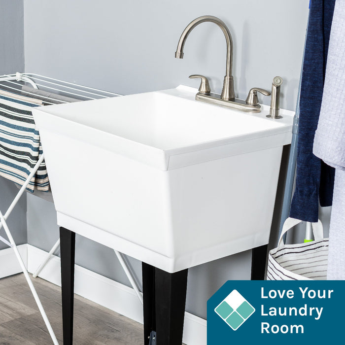 Tehila Standard Freestanding White Utility Sink with Black Legs and Stainless Steel Finish Wide-set Gooseneck Faucet with Side Sprayer - Sweatfully