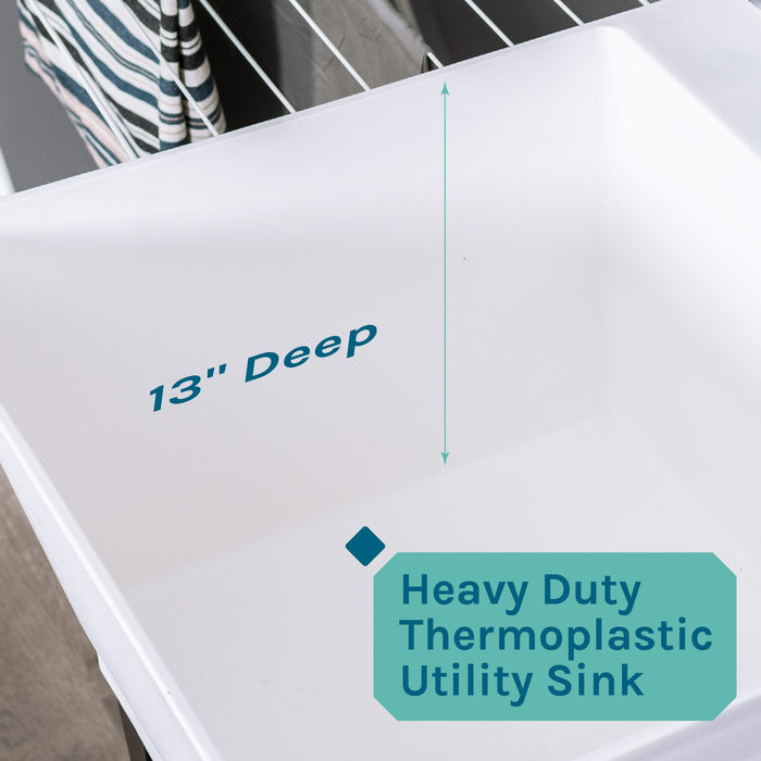 Tehila Standard Freestanding White Utility Sink with Black Legs and Stainless Steel Finish Wide-set Gooseneck Faucet with Side Sprayer - Sweatfully