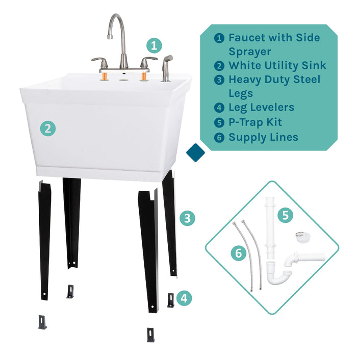 Tehila Standard Freestanding White Utility Sink with Black Legs and Stainless Steel Finish Wide-set Gooseneck Faucet with Side Sprayer - Sweatfully