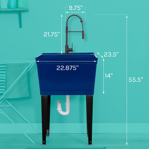 Tehila Standard Freestanding Blue Utility Sink with Black Finish High-Arc Coil Pull-Down Faucet - Sweatfully