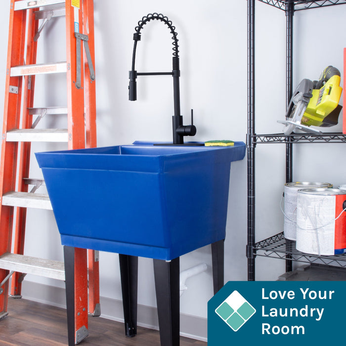 Tehila Standard Freestanding Blue Utility Sink with Black Finish High-Arc Coil Pull-Down Faucet - Sweatfully