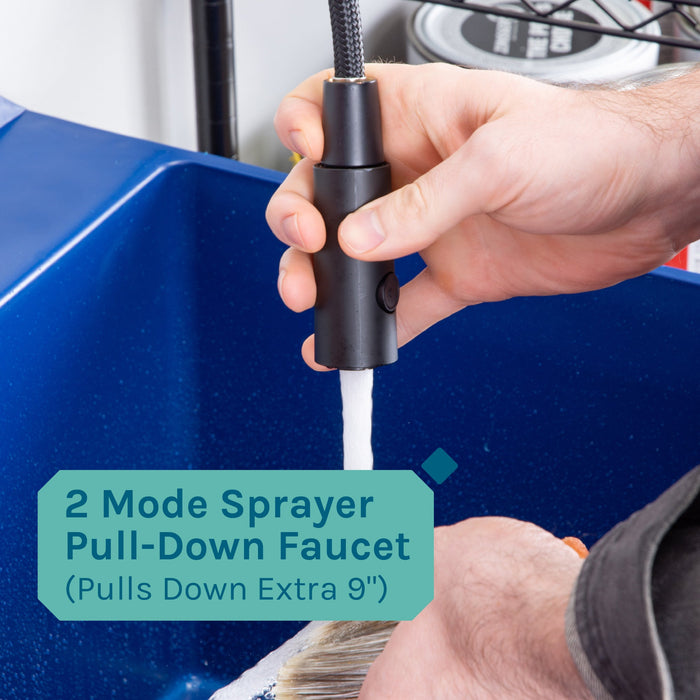 Tehila Standard Freestanding Blue Utility Sink with Black Finish High-Arc Coil Pull-Down Faucet - Sweatfully