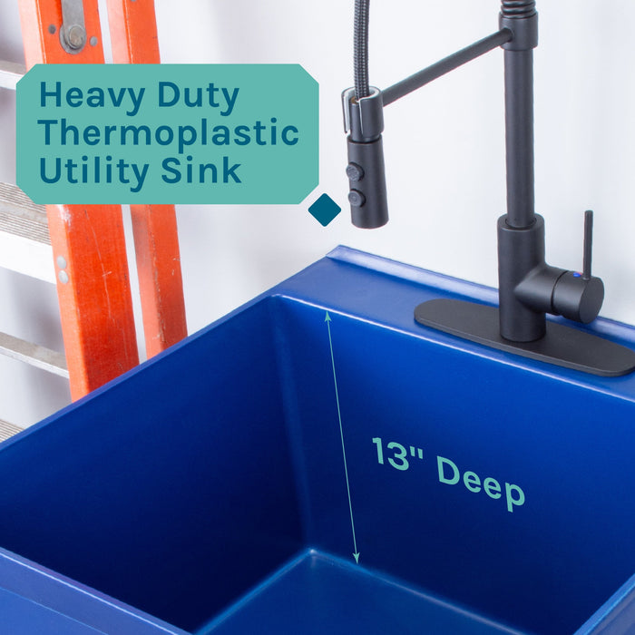 Tehila Standard Freestanding Blue Utility Sink with Black Finish High-Arc Coil Pull-Down Faucet - Sweatfully