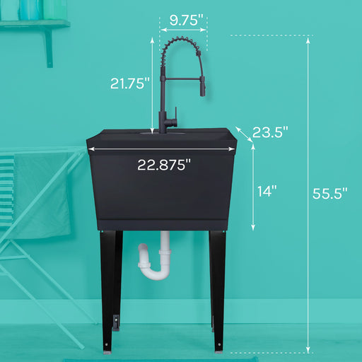 Tehila Standard Freestanding Black Utility Sink with Black Finish High-Arc Coil Pull-Down Faucet - Sweatfully