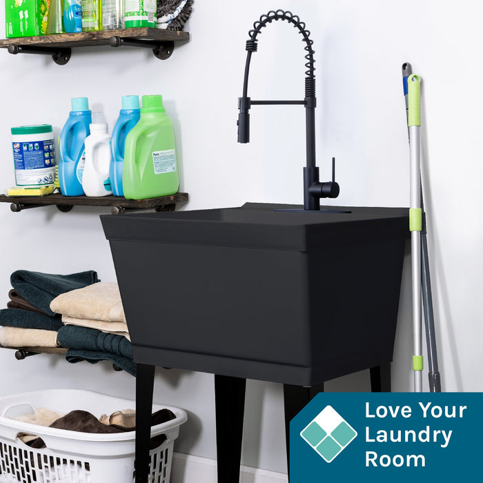 Tehila Standard Freestanding Black Utility Sink with Black Finish High-Arc Coil Pull-Down Faucet - Sweatfully