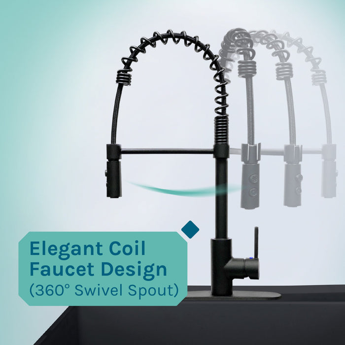 Tehila Standard Freestanding Black Utility Sink with Black Finish High-Arc Coil Pull-Down Faucet - Sweatfully