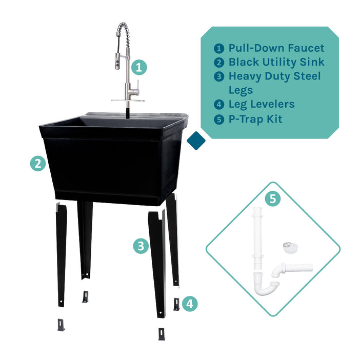 Tehila Standard Freestanding Black Utility Sink with Stainless Steel Finish High-Arc Coil Pull-Down Faucet - Sweatfully