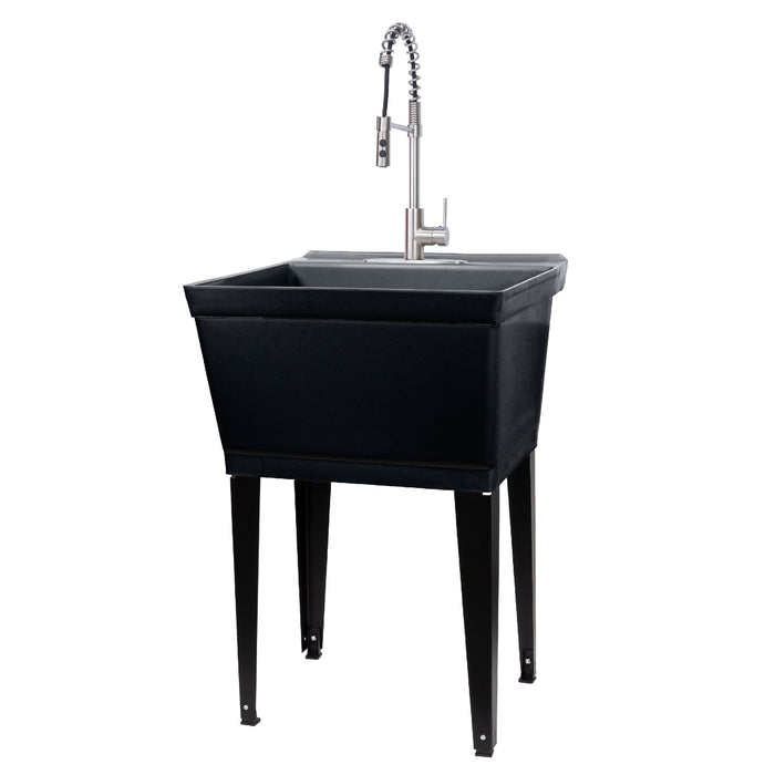 Tehila Standard Freestanding Black Utility Sink with Stainless Steel Finish High-Arc Coil Pull-Down Faucet - Sweatfully