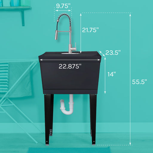 Tehila Standard Freestanding Black Utility Sink with Stainless Steel Finish High-Arc Coil Pull-Down Faucet - Sweatfully
